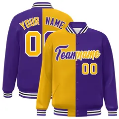 Purple Gold-White Split Two Tone Letterman Varsity Full-Snap Jacket