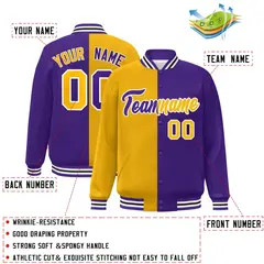 Purple Gold-White Split Two Tone Letterman Varsity Full-Snap Jacket 2