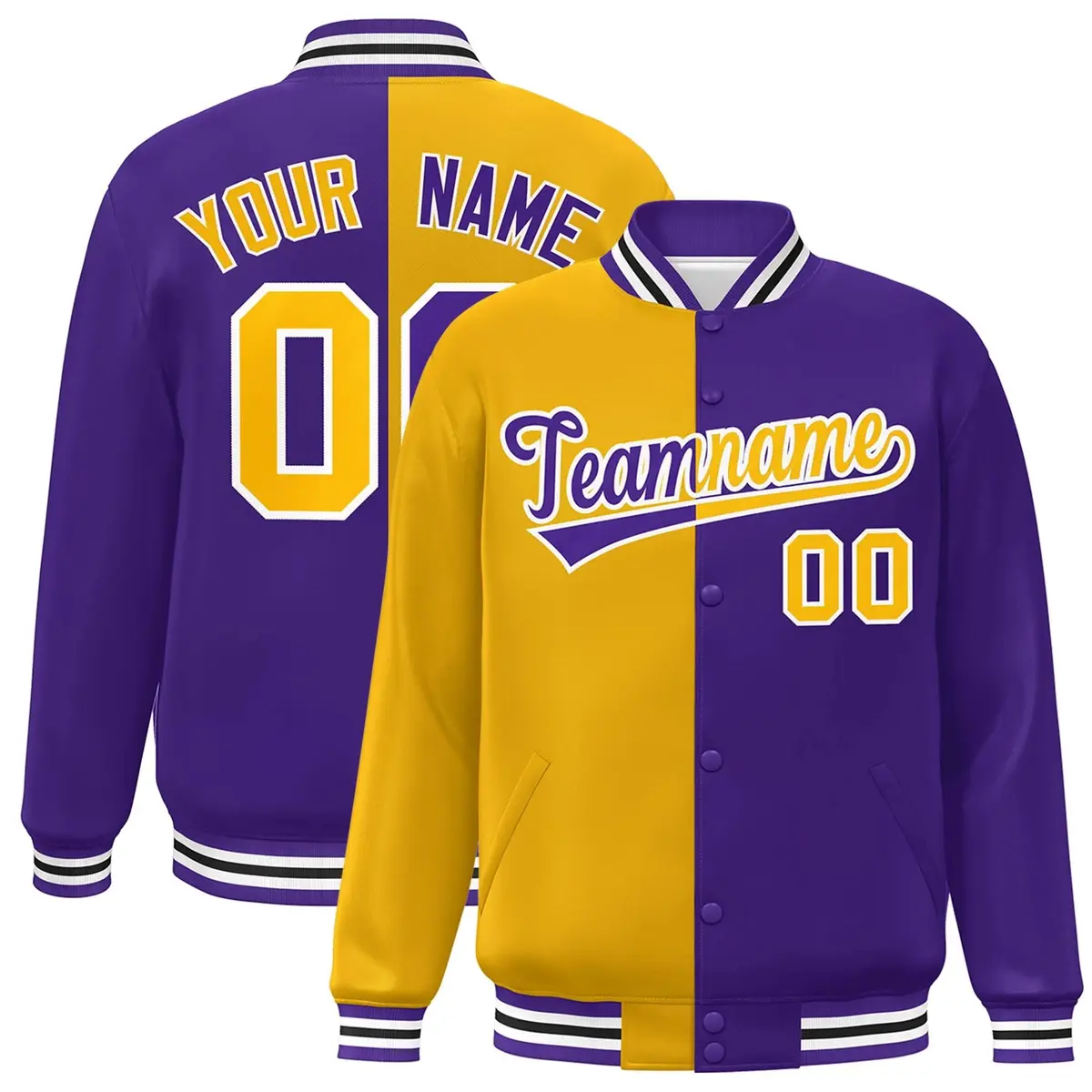 Purple Gold-White Split Two Tone Letterman Varsity Full-Snap Jacket