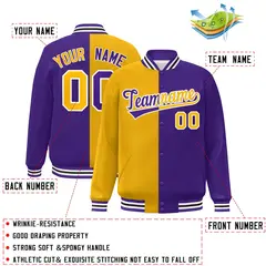 Purple Gold-White Split Two Tone Letterman Varsity Full-Snap Jacket 2