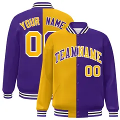 Purple Gold-White Split Two Tone Letterman Varsity Full-Snap Jacket
