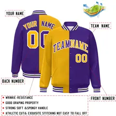 Purple Gold-White Split Two Tone Letterman Varsity Full-Snap Jacket 2