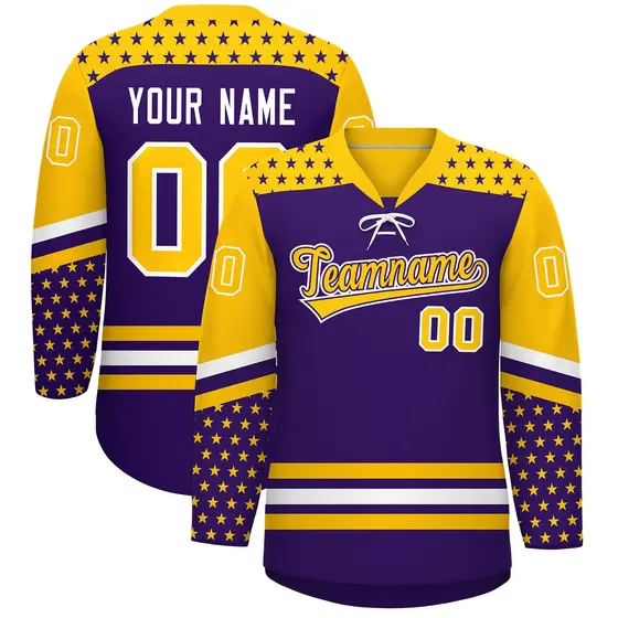 Purple Gold White Star Series Lace-Up Neck Hockey Jersey
