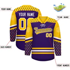 Purple Gold White Star Series Lace-Up Neck Hockey Jersey 2