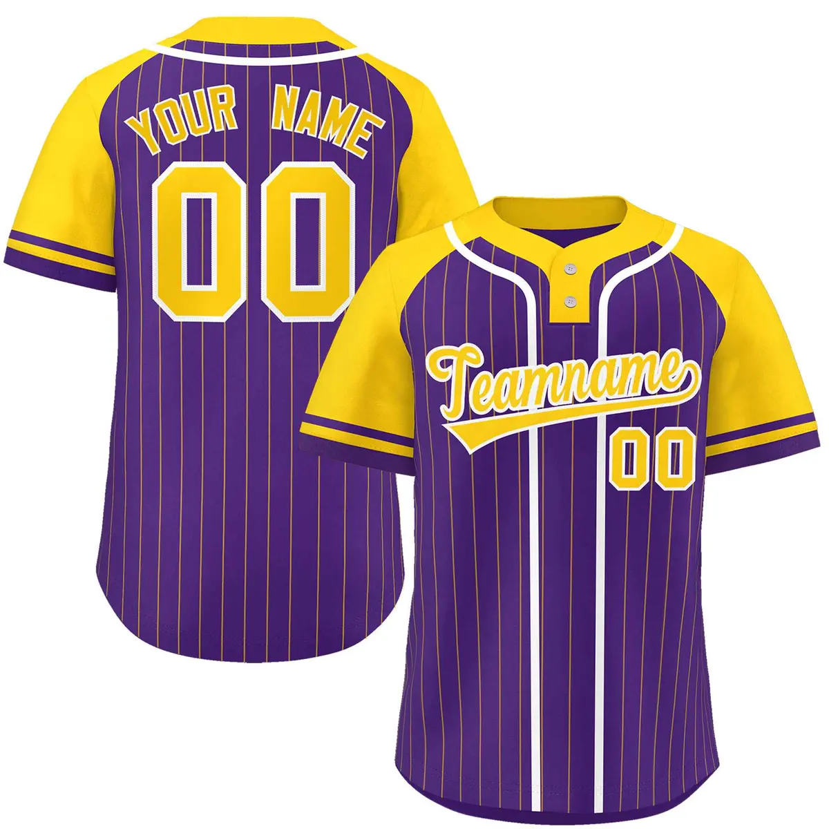 Purple Gold-White Stripe Raglan Two-Button Softball Jersey