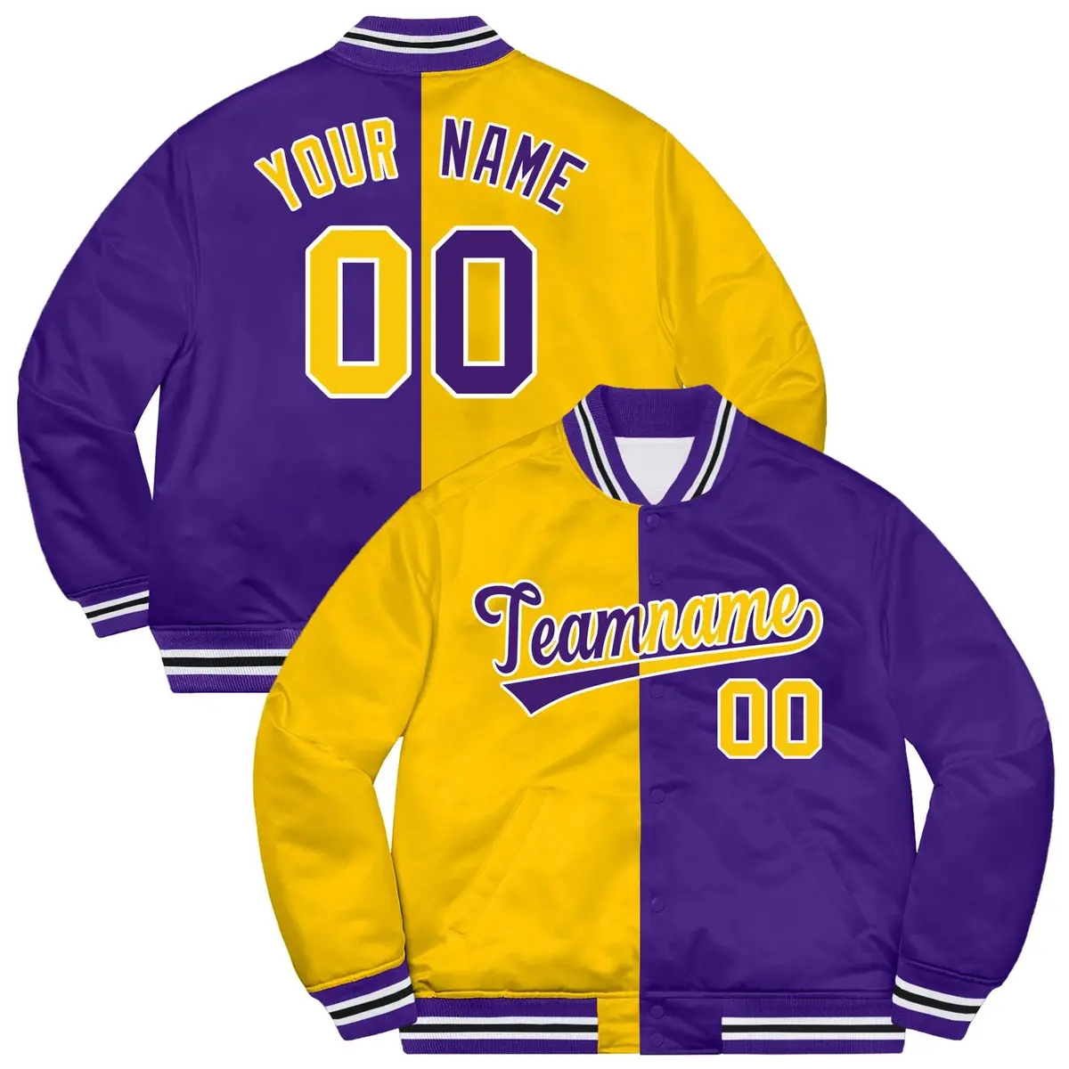 Purple Gold-White Two Tone Split Varsity Bomber Jacket