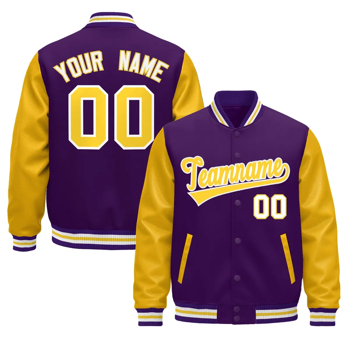 Purple Gold White Varsity Full-Snap Letterman Jacket Raglan Leather Sleeves