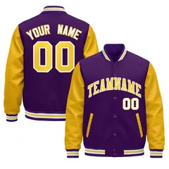 Purple Gold White Varsity Full-Snap Letterman Jacket Raglan Leather Sleeves 11