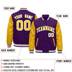 Purple Gold White Varsity Full-Snap Letterman Jacket Raglan Leather Sleeves 12