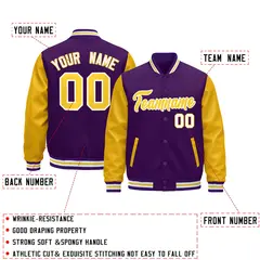 Purple Gold White Varsity Full-Snap Letterman Jacket Raglan Leather Sleeves 17