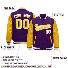 Purple Gold White Varsity Full-Snap Letterman Jacket Raglan Leather Sleeves 2