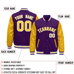 Purple Gold White Varsity Full-Snap Letterman Jacket Raglan Leather Sleeves 7
