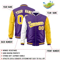 Purple Gold-White Varsity Full-Zip Raglan Letterman Bomber Jacket 2