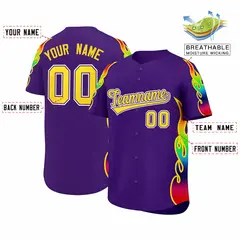 Purple Graffiti Multicolored Flames Print Baseball Jersey 2