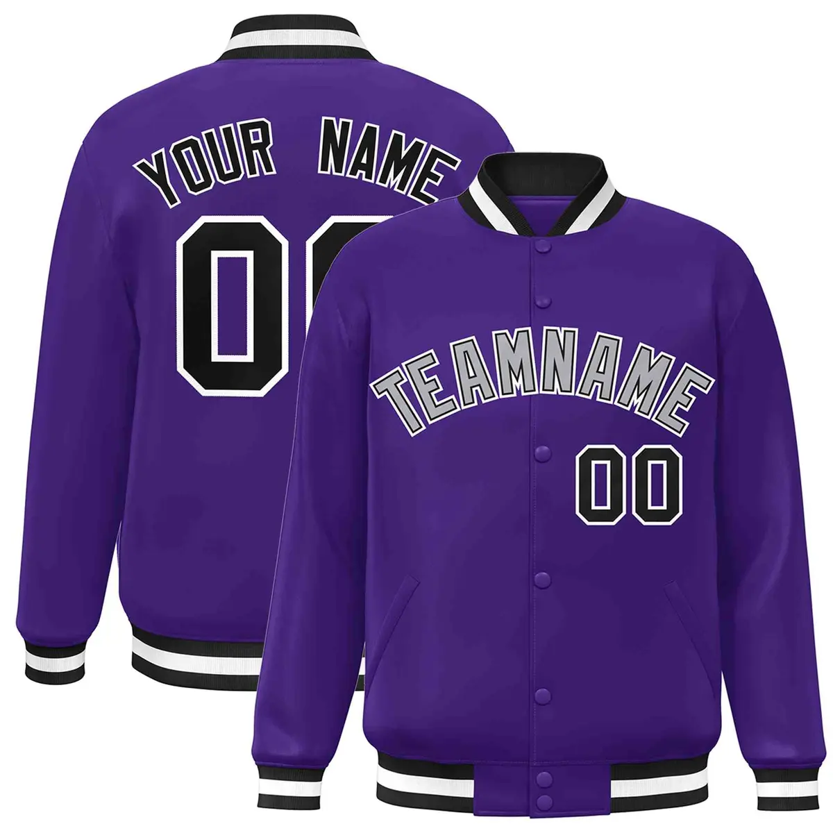Purple Gray-Black Classic Varsity Full-Snap Letterman Jacket
