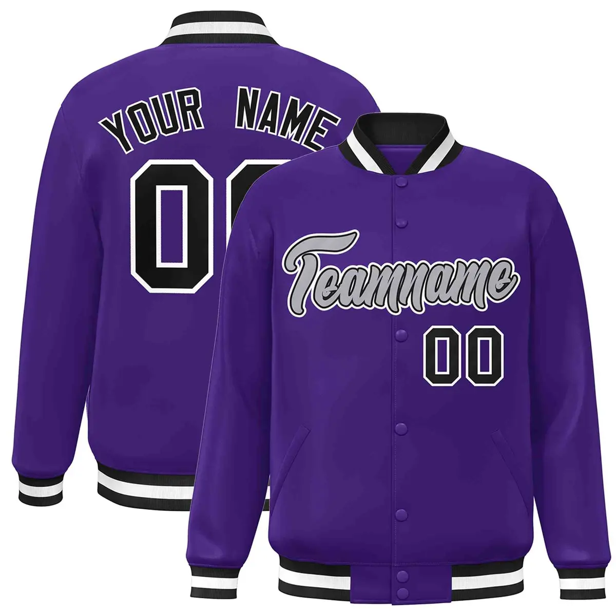 Purple Gray-Black Classic Varsity Full-Snap Letterman Jacket