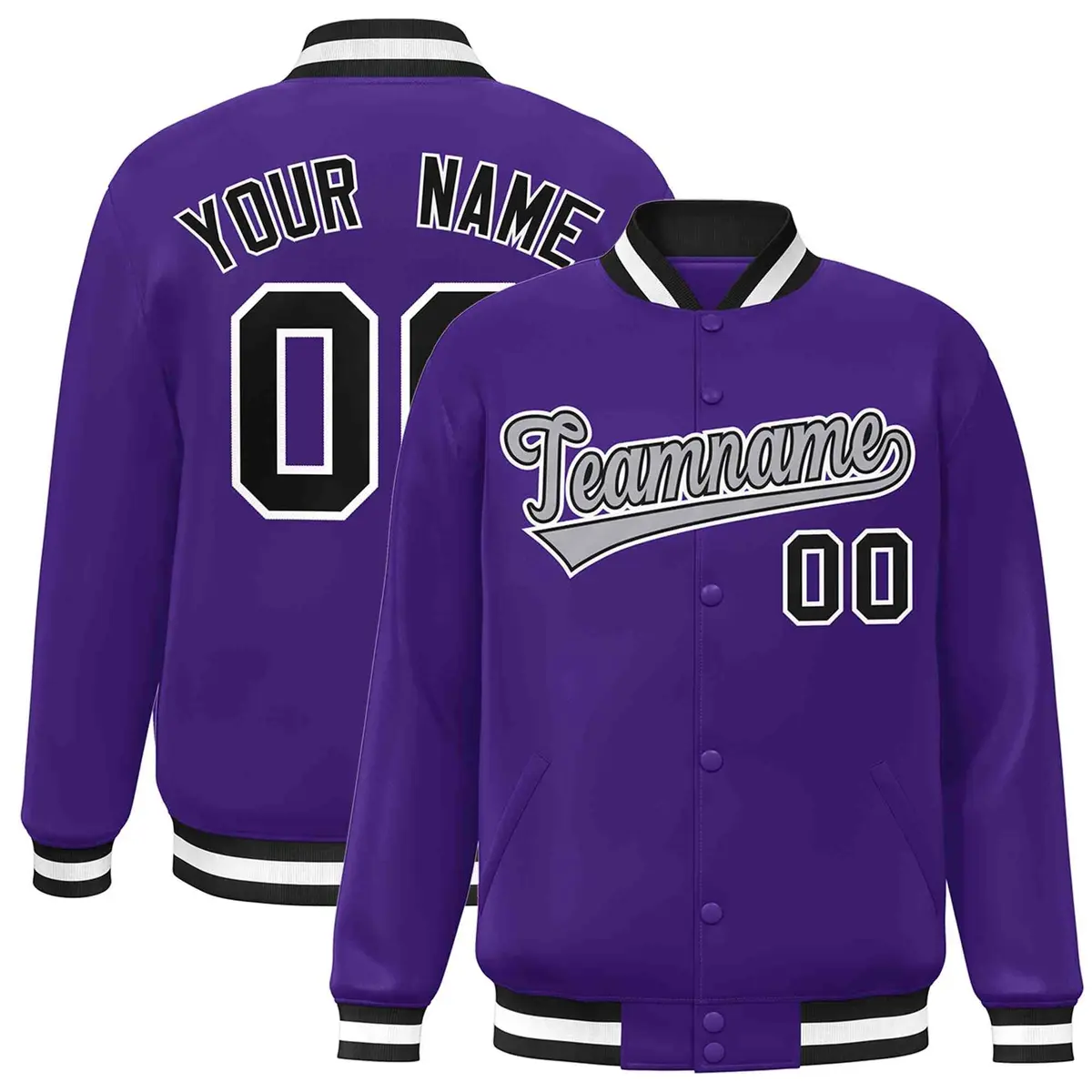Purple Gray-Black Classic Varsity Full-Snap Letterman Jacket