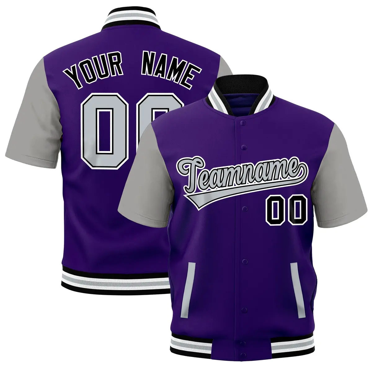 Purple Gray Black White Full-Snap Short Sleeve Varsity Jacket