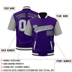 Purple Gray Black White Full-Snap Short Sleeve Varsity Jacket 2