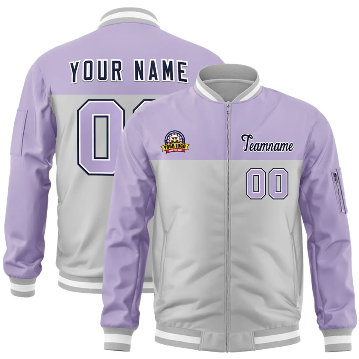 Purple Gray Color Block Letterman Varsity Full-Zip Bomber Jacket