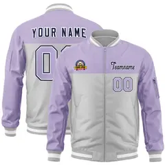 Purple Gray Color Block Letterman Varsity Full-Zip Bomber Jacket