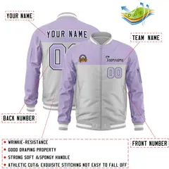 Purple Gray Color Block Letterman Varsity Full-Zip Bomber Jacket 2