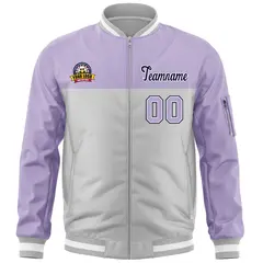 Purple Gray Color Block Letterman Varsity Full-Zip Bomber Jacket 3