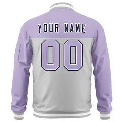 Purple Gray Color Block Letterman Varsity Full-Zip Bomber Jacket 4