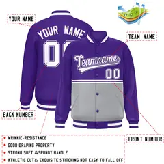 Purple Gray Color Block Varsity Full-Snap Letterman Jacket 2