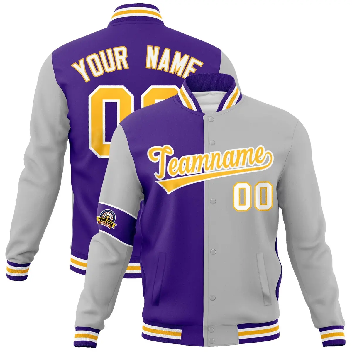 Purple Gray-Gold Two Tone Split Full-Snap Letterman Jacket