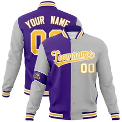 Purple Gray-Gold Two Tone Split Full-Snap Letterman Jacket