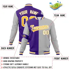 Purple Gray-Gold Two Tone Split Full-Snap Letterman Jacket 4