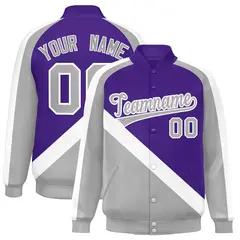Purple Gray Raglan Full-Snap Letterman Baseball Jacket 1