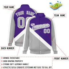 Purple Gray Raglan Full-Snap Letterman Baseball Jacket 2