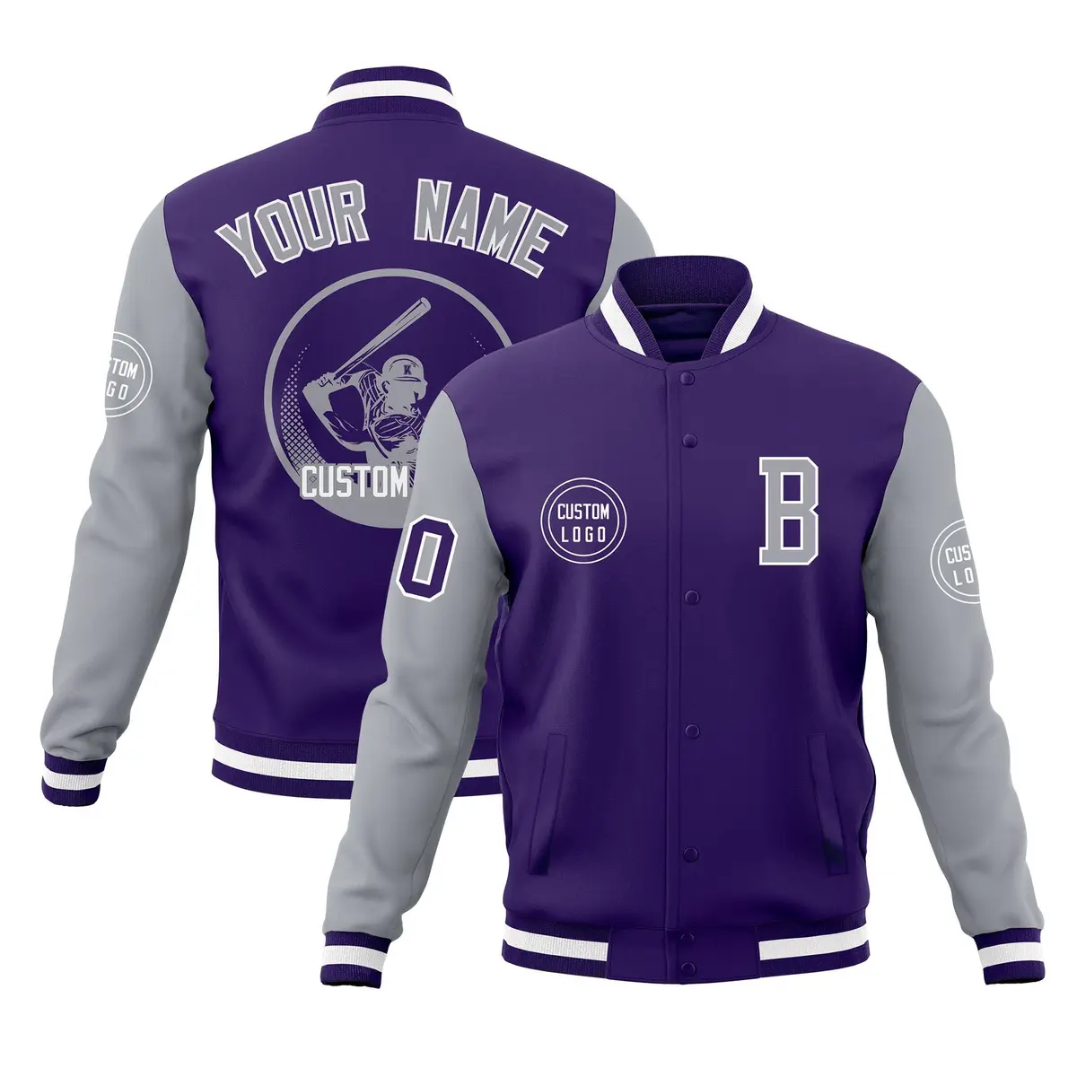 Purple Gray Raglan Sleeves Full-Snap Varsity Letterman Jacket