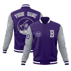 Purple Gray Raglan Sleeves Full-Snap Varsity Letterman Jacket 1
