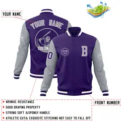 Purple Gray Raglan Sleeves Full-Snap Varsity Letterman Jacket 4