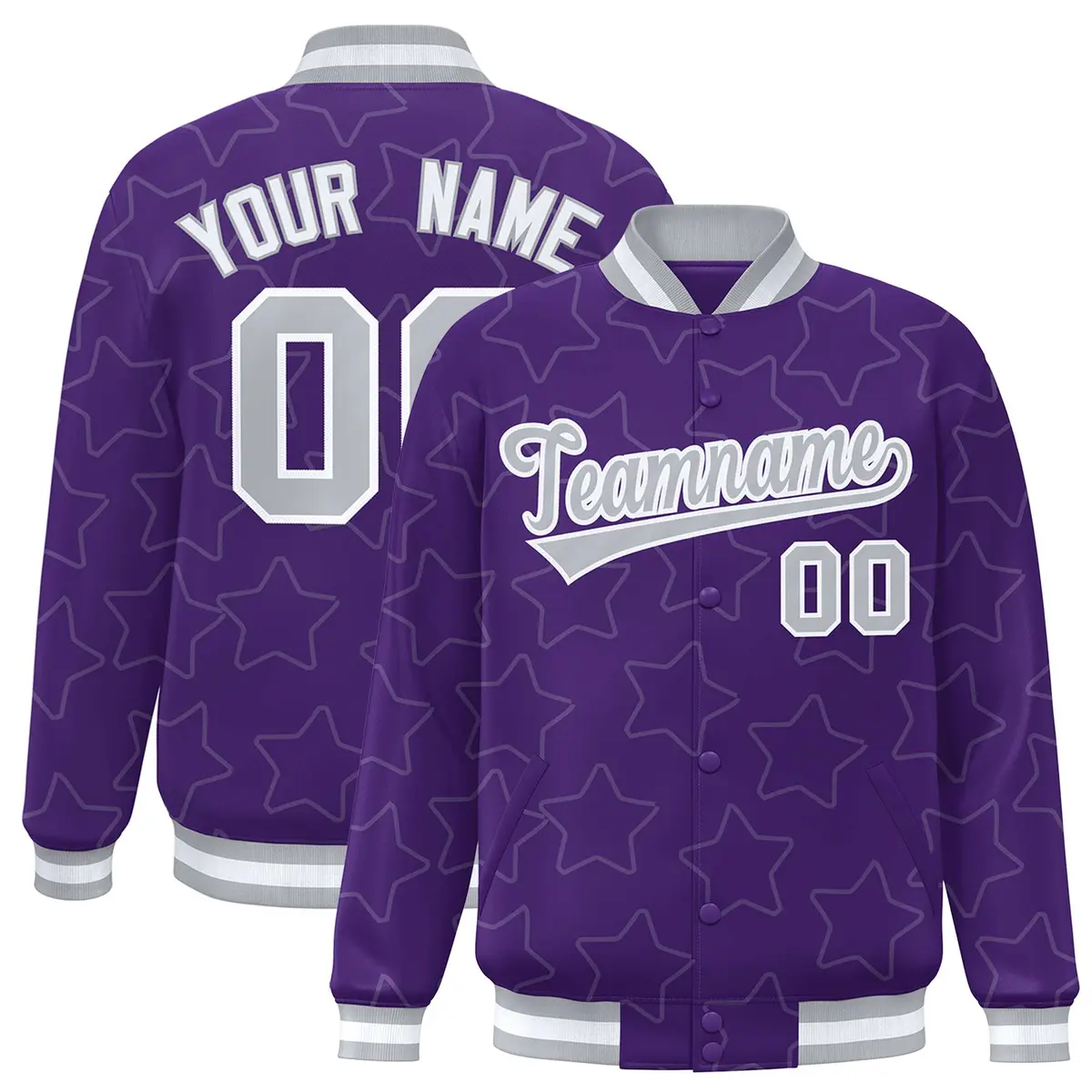 Purple Gray Star Pattern Varsity Full-Snap Letterman Baseball Jacket