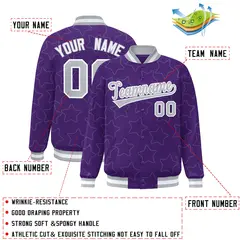 Purple Gray Star Pattern Varsity Full-Snap Letterman Baseball Jacket 2