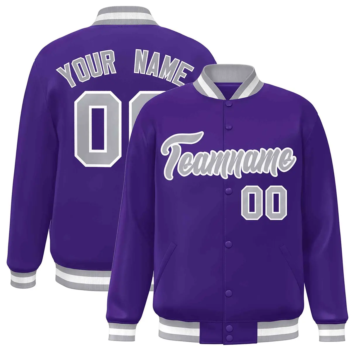 Purple Gray-White Full-Snap Varsity Letterman Jacket