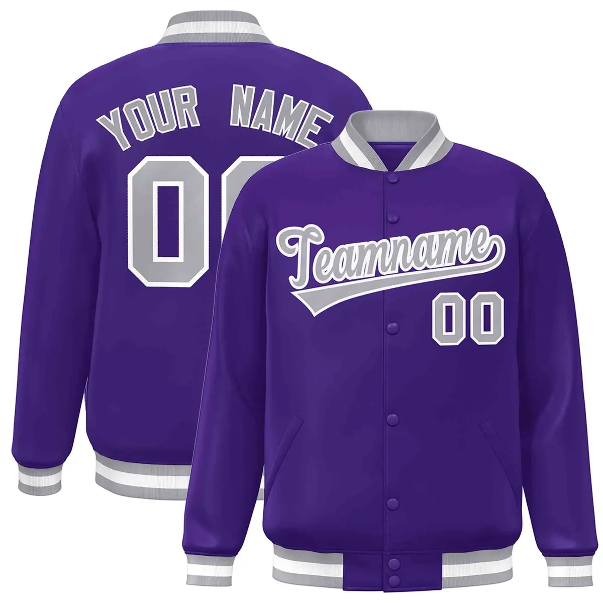 Purple Gray-White Full-Snap Varsity Letterman Jacket