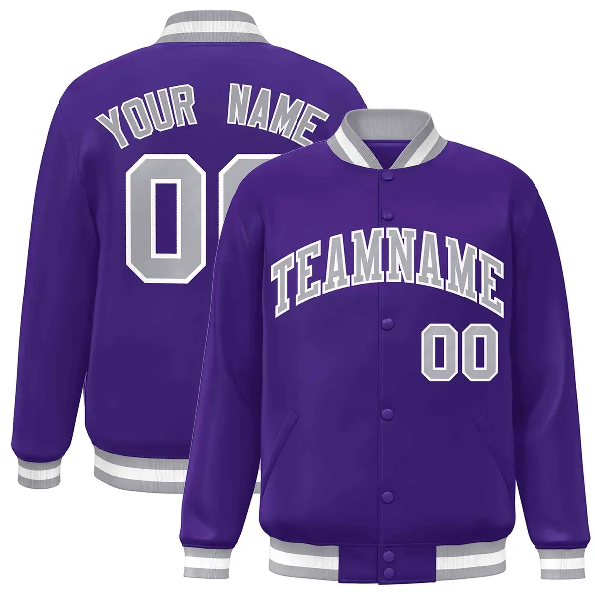 Purple Gray-White Full-Snap Varsity Letterman Jacket
