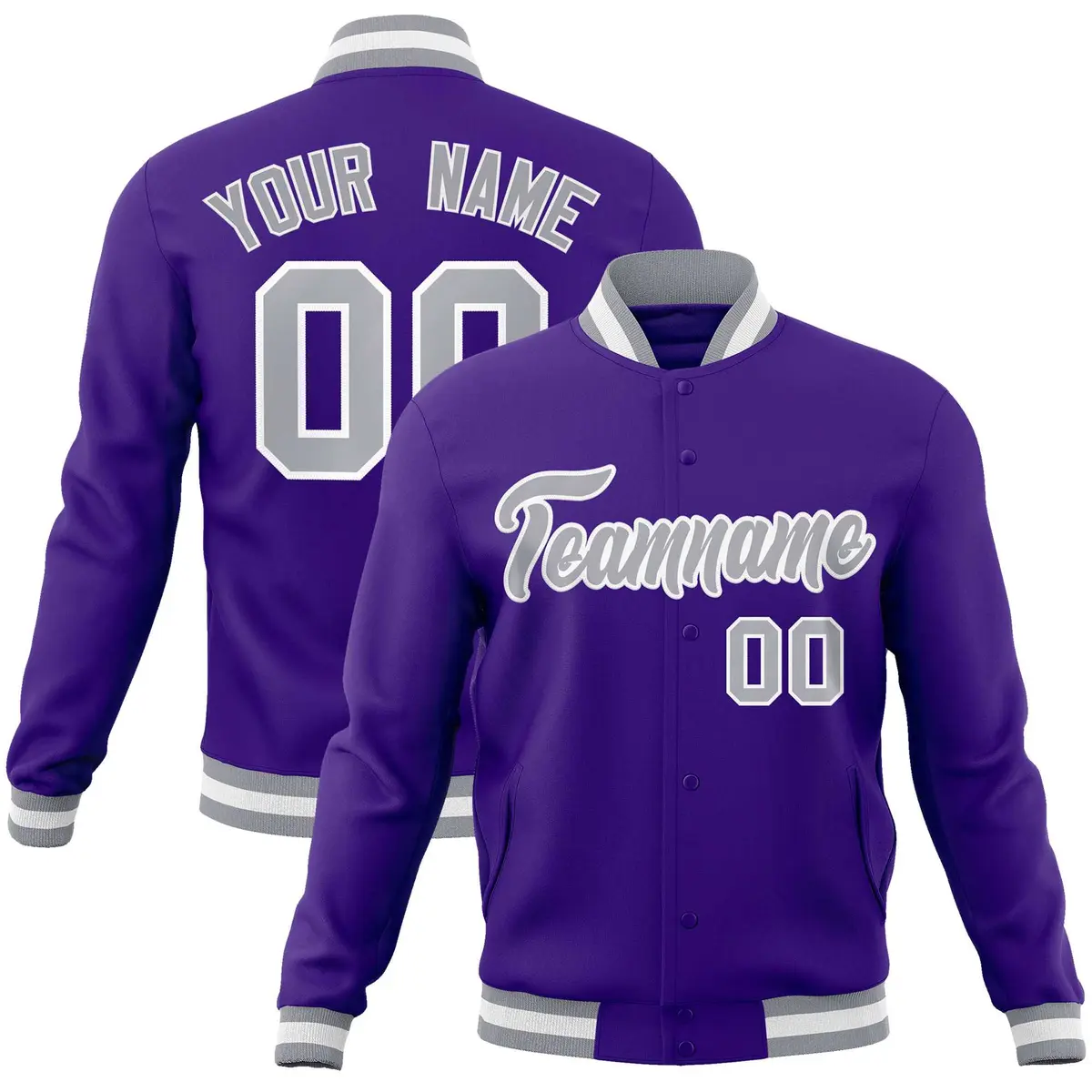 Purple Gray-White Full-Snap Varsity Letterman Jacket