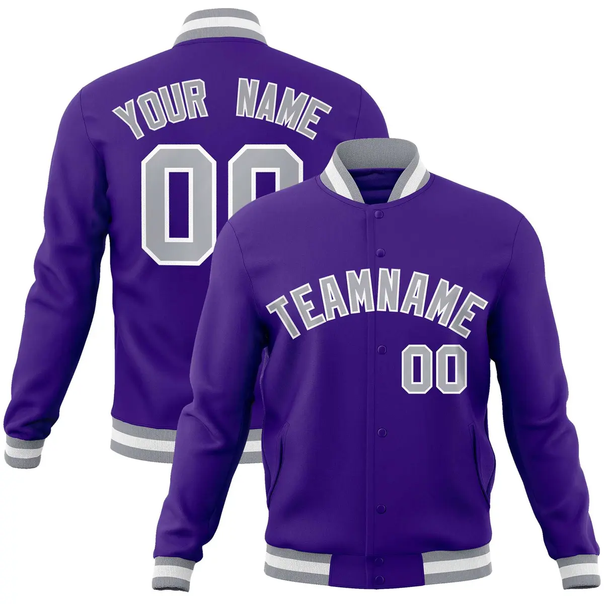 Purple Gray-White Full-Snap Varsity Letterman Jacket