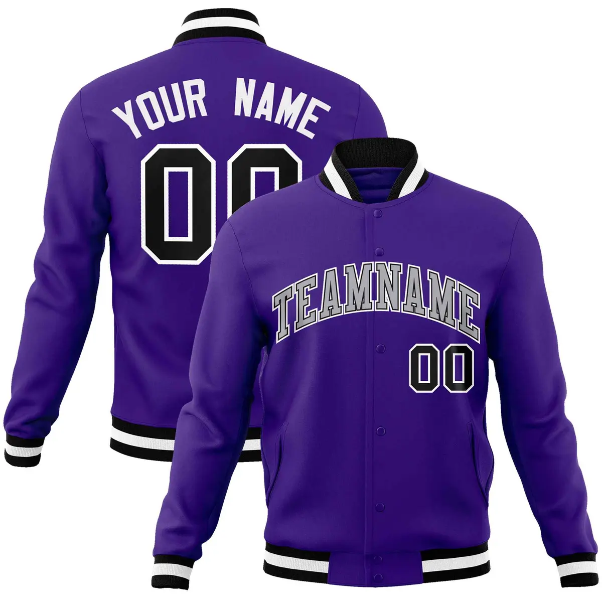Purple Gray-White Full-Snap Varsity Letterman Jacket