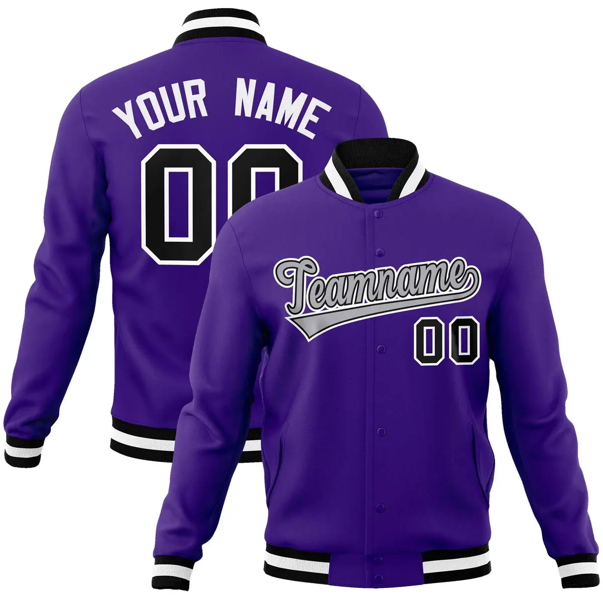 Purple Gray-White Full-Snap Varsity Letterman Jacket