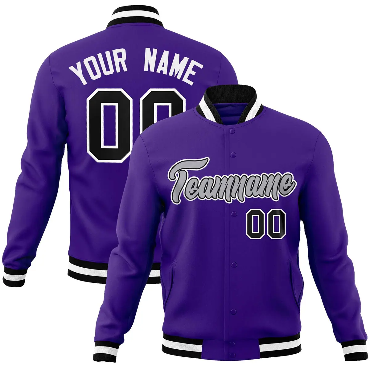Purple Gray-White Full-Snap Varsity Letterman Jacket