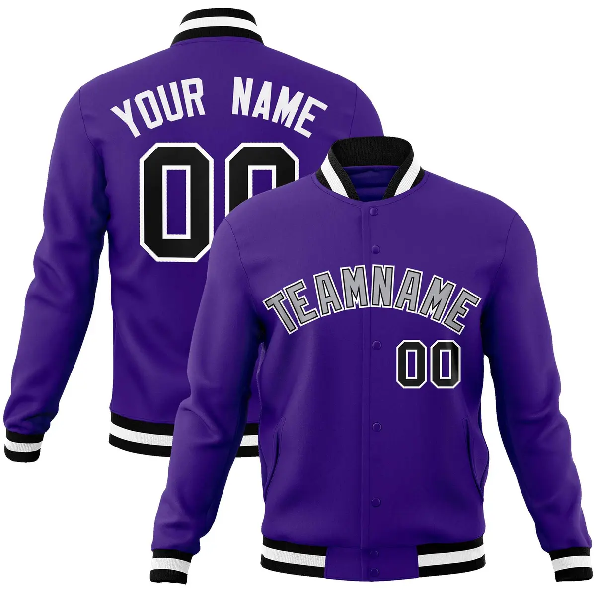 Purple Gray-White Full-Snap Varsity Letterman Jacket