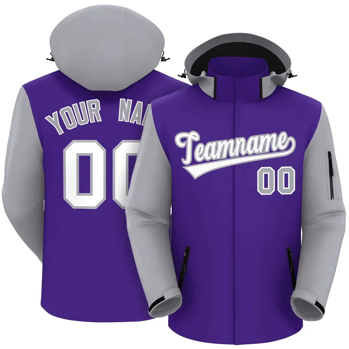 Purple Gray-White Raglan Sleeve Waterproof Jacket