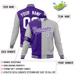 Purple Gray White Two Tone Split Letterman Full-Snap Jacket 4
